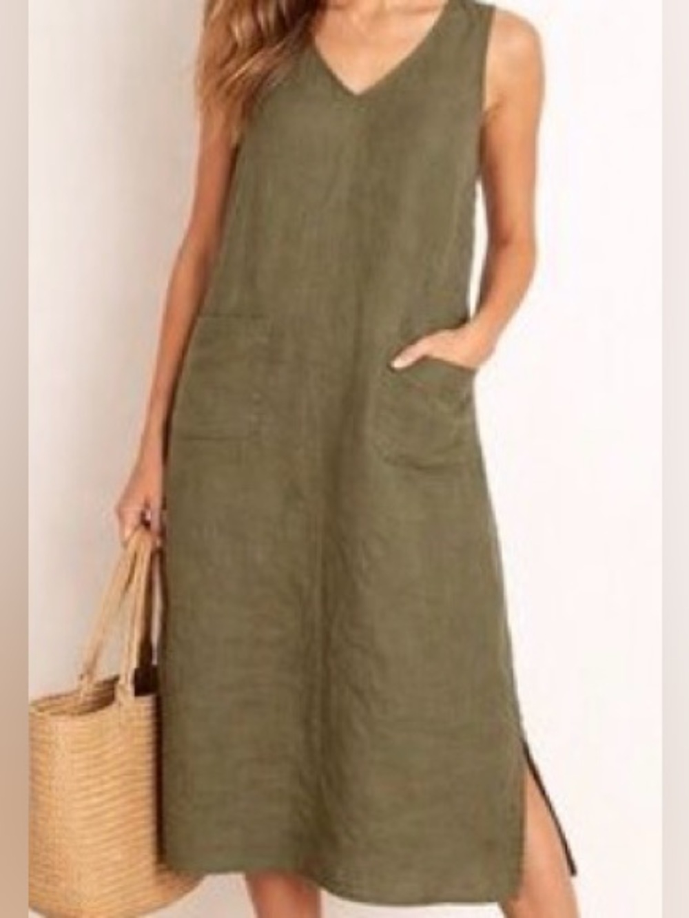 NWOT Sleeveless Linen Dress with Pockets. Olive.  3X